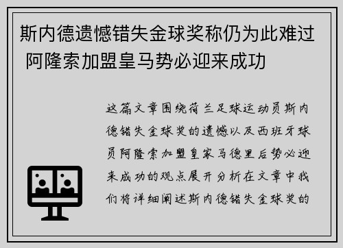 斯内德遗憾错失金球奖称仍为此难过 阿隆索加盟皇马势必迎来成功
