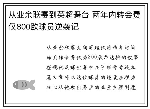 从业余联赛到英超舞台 两年内转会费仅800欧球员逆袭记