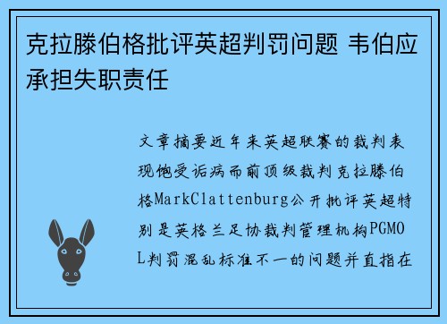 克拉滕伯格批评英超判罚问题 韦伯应承担失职责任