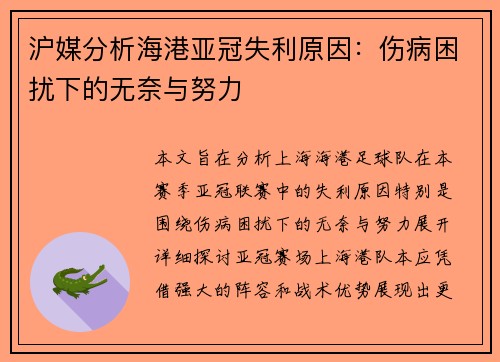 沪媒分析海港亚冠失利原因：伤病困扰下的无奈与努力